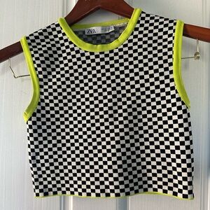 🌻 Zara Checkered Crop Top With Neon Trim 🌻